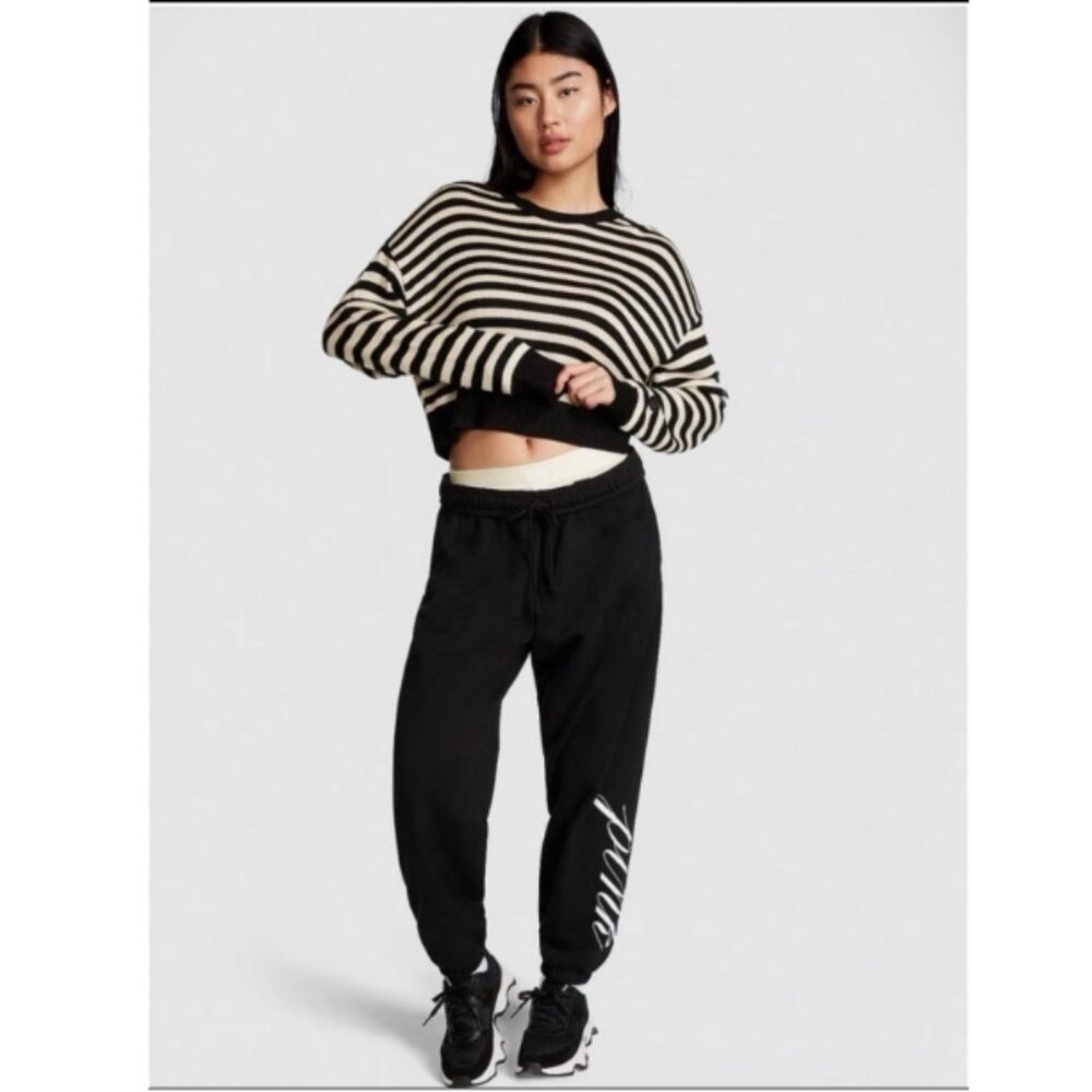 PINK Victoria's Secret Ivy Fleece Black Jogger Sweatpants Logo White XXL NWT
